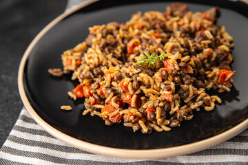 Rice lentil and vegetables snack fresh tasty food dish vegetarian vegan food no meat gourmet food background on the table rustic food top view copy space keto and paleo diet