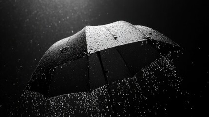A black umbrella with raindrops against a dark background.