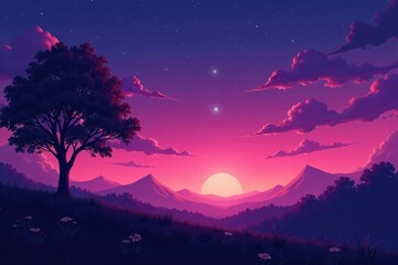 A tranquil scene unfolds under a deep plum sky at dusk, sky, calm