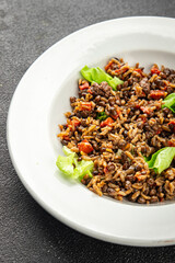 Rice lentil and vegetables snack fresh tasty food dish vegetarian vegan food no meat gourmet food background on the table rustic food top view copy space keto and paleo diet