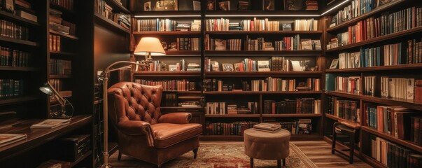 Cozy library reading nook with leather armchair and filled bookshelves in warm lighting