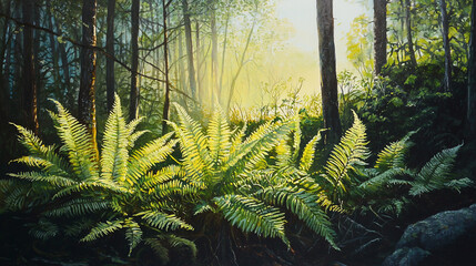 Fototapeta premium Lush green ferns illuminated by sunlight in a serene forest setting, showcasing nature's beauty