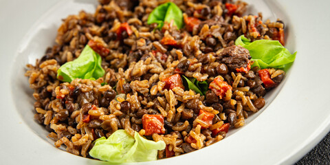 Rice lentil and vegetables snack fresh tasty food dish vegetarian vegan food no meat gourmet food background on the table rustic food top view copy space keto and paleo diet