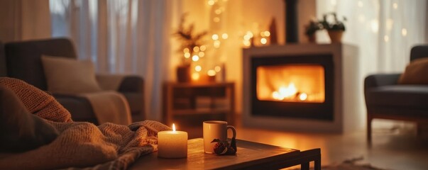 Cozy living room with fireplace, candle, and warm lighting