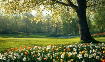 Obraz premium fresh spring lawn with blooming with white daffodil flowers, various tulips under green tree in formal garden, water spring in background, retro toned