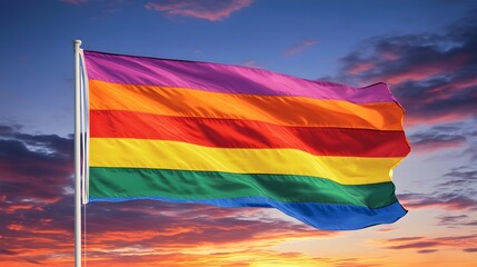 Rainbow Pride Flag Waving Sunset Sky Vibrant Colors LGBTQ Symbol Gay Lesbian Transgender Rights Equality Freedom Peaceful Protest Movement Support    