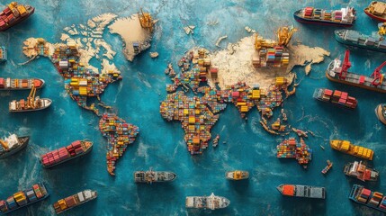 Aerial view of a global shipping network with a world map overlaid.