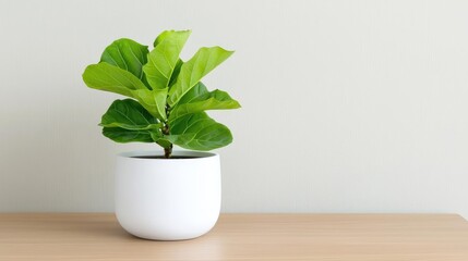 Fiddle leaf fig in white pot on wooden table against light wall; home decor