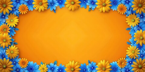 Obraz premium Vibrant orange background with a thick yellow border and a few scattered vibrant blue flowers