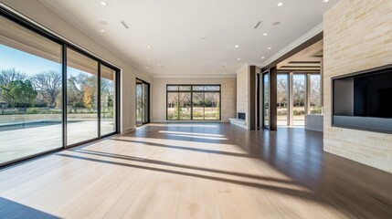 Fototapeta premium A luxurious, empty room with expansive floor-to-ceiling windows and sliding doors, merging indoor and outdoor living