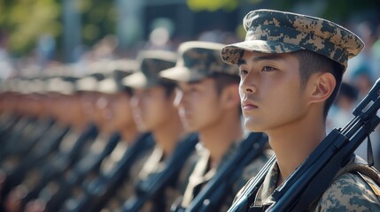A group of asian soldiers in uniform stand in a line during a parade.
