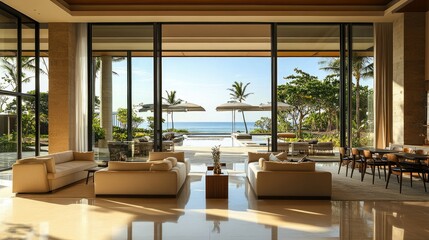 A luxurious, empty room with expansive floor-to-ceiling windows and sliding doors, merging indoor and outdoor living