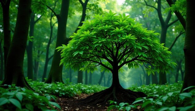 Dense foliage of Mitragyna speciosa kratom tree grows on dark plant tree, nature, forest
