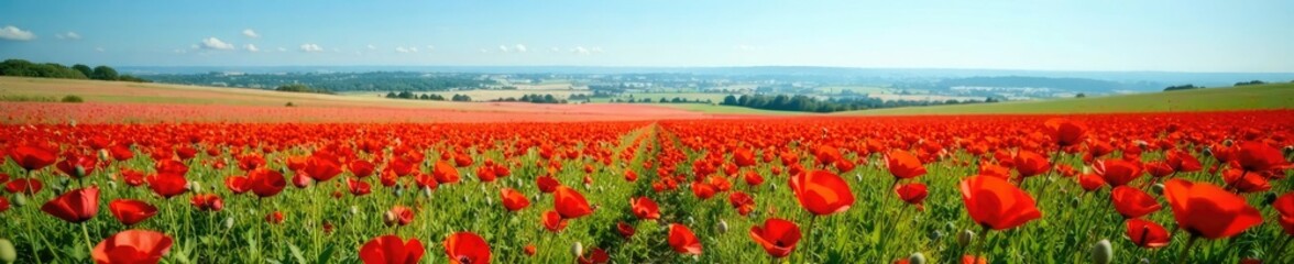 Fototapeta premium Field of poppies stretching towards the horizon, vast landscape, blue sky