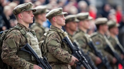 A line of soldiers in military uniforms and camouflage gear stand at attention with rifles during a formal parade.