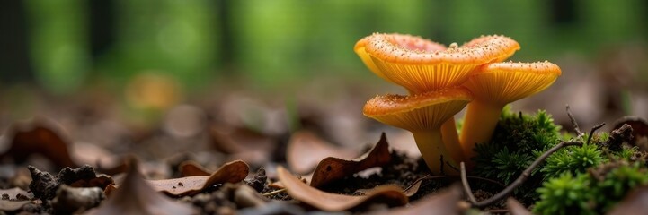 Fungal growth on forest floor brown leaf litter, fungi, forest habitat