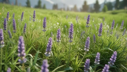 Gentle Lavender Flowers in a Soft Green Meadow , soft grasses, serene landscape