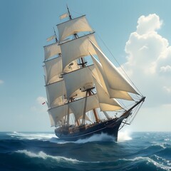 A clipper ship sailing through high seas 