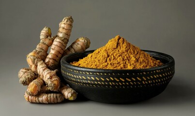 Fresh Turmeric Powder in Black Bowl with Raw Roots in Basket