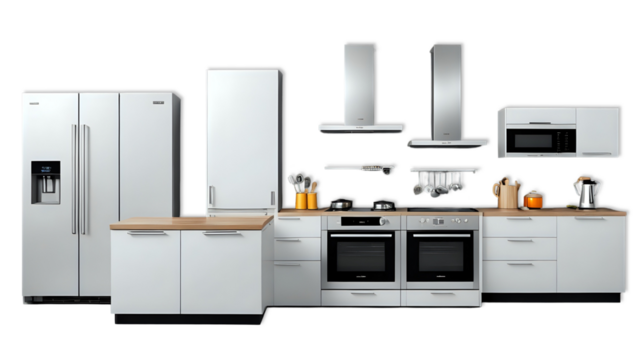 Modern stainless steel kitchen appliances and white cabinetry; clean, minimalist design, perfect for brochures, websites, or home improvement blogs - Powered by Adobe