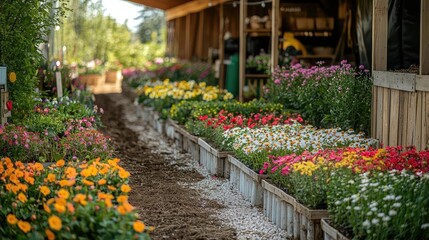 Fototapeta premium Small-scale farming gardening idea. Vibrant flower beds in a scenic garden showcasing colorful blooms and green landscapes.