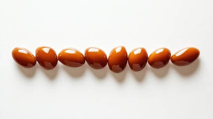Obraz premium A neatly arranged row of caramelized almonds on a plain white background, showcasing their glossy texture