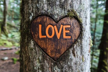 Fototapeta premium Heart Carved into Trunk of Old Tree in Forest with Orange 