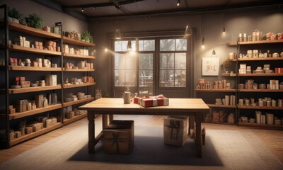 Gift-wrapped items on shelves and tables in a cozy storefront, shapes, rugs