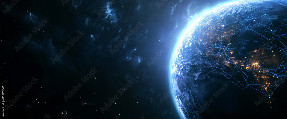 Poster earth with glowing connections in space, digital network, abstract technology concept
