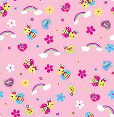 Seamless vector pattern of a cute ladybug with rainbow flowers and fluffy cloud decoration
