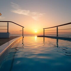 a close up of a yachts infinity pool overlooking the ocean at sunset 