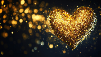 Fototapeta premium Heart Shape Made of Golden Glitter Particles on Black Background, Shiny and Glowing with Light Effects, Valentine's Day