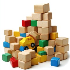 Obraz premium Colorful wooden blocks and toy truck; child's play; white background; educational toy