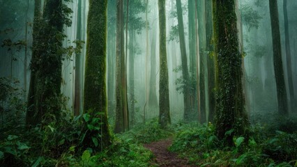 Fototapeta premium Lush green rainforest with tall trees covered in moss, shrouded in mist, creating an atmospheric and serene nature scene in deep forest greens.