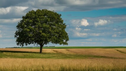 Obraz premium Lone green tree on a sunlit hilltop amidst golden fields under a blue sky with scattered clouds showcasing natural agricultural beauty.