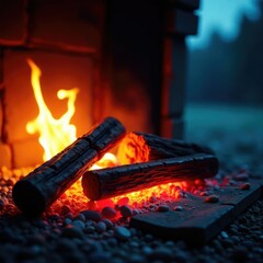 Glowing embers in a fireplace on a cold night, warm, snuggly, firelight