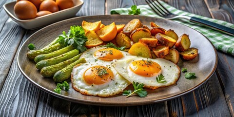 Crispy fried eggs on a plate with sliced gherkin and roasted potato sides, egg dish