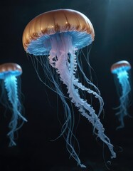 Glowing jellyfish floats in dark ocean with long tentacles radiating soft blue light,  marine life,  bioluminescence