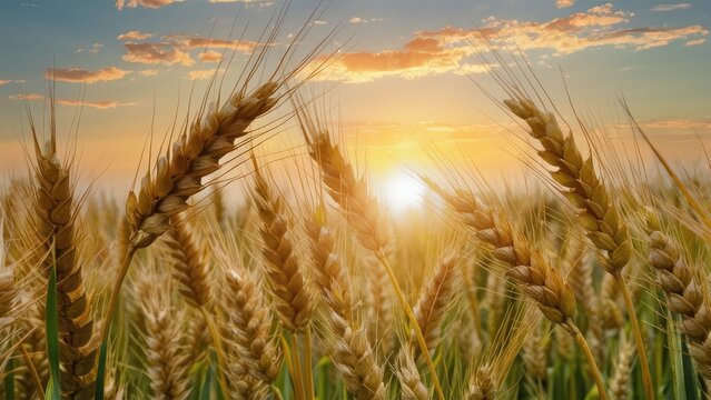 Golden wheat field at sunset with sun glimmering through grain stalks under a vibrant orange and blue sky creating a serene rural landscape. - Powered by Adobe