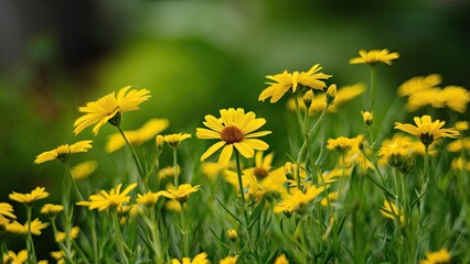 Vibrant yellow daisies in sharp focus with a softly blurred green backdrop creating a serene garden atmosphere full of life and color.