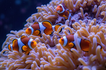 Clownfish swimming among vibrant sea anemone tentacles