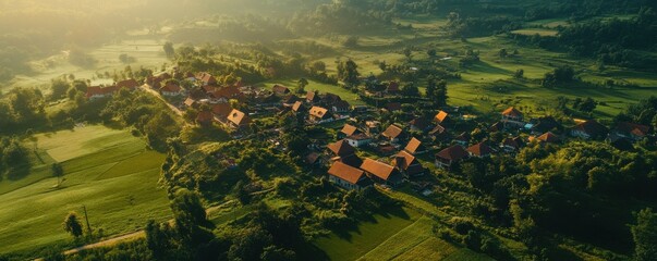 Idyllic rural village landscape at sunset with lush fields and dense forest