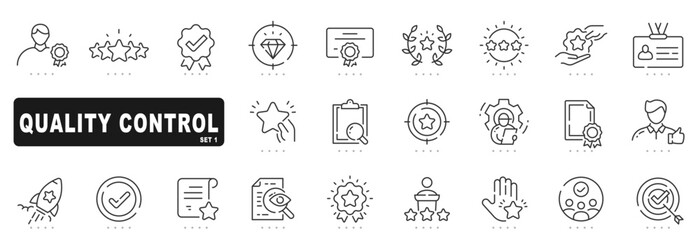 Set of quality control related line icons. Check, review, approve, checkmark, star etc. Set 1