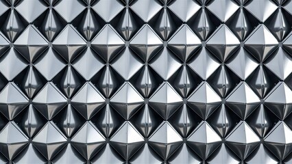 Obraz premium Reflective metallic surface in shades of gray showcasing a geometric pattern of diamond-shaped triangular prisms arranged in a symmetrical grid formation.