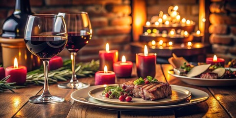 A romantic dinner for two with a perfectly cooked steak, a glass of red wine