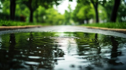 Naklejka premium A reflective puddle during a downpour, capturing nearby trees and ripples