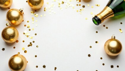 Fototapeta premium Golden Christmas balls scattered on a white background with champagne bottles and confetti, christmas, confetti
