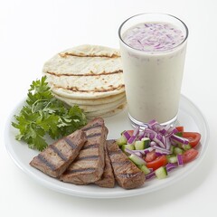 Grilled tuna, pita bread, salad, yogurt drink; healthy meal