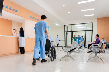 Medical staff and patients in a busy hospital reception services at information desk, atmosphere...