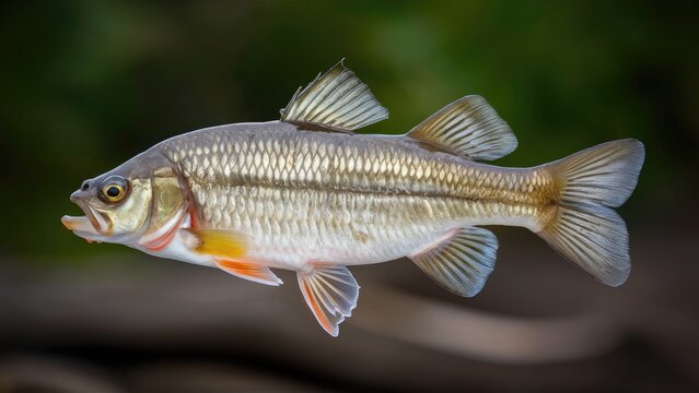 Fathead minnow fish swimming gracefully with a shimmering silver body and orange accents against a soft green blurred natural background.